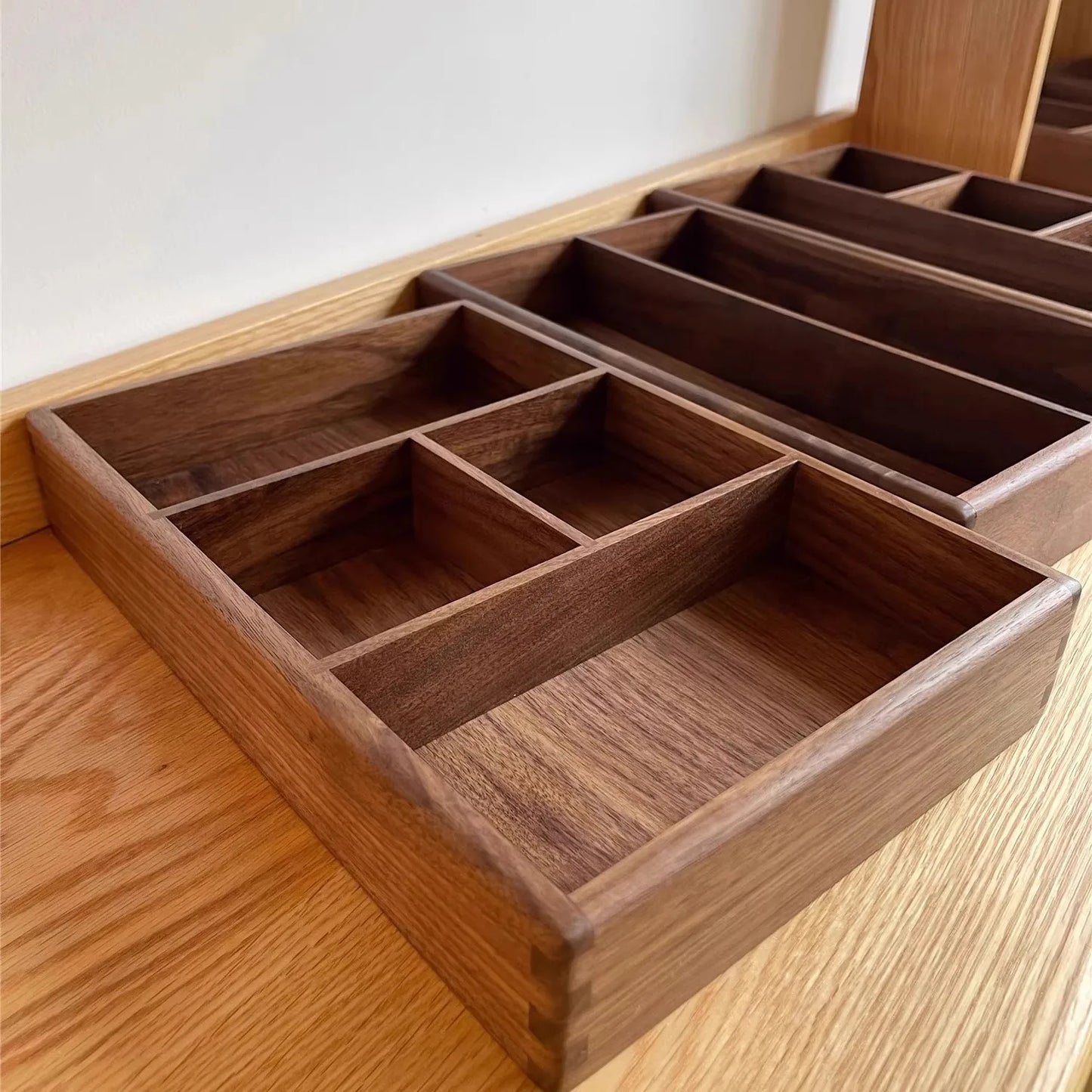 Compartment Solid Walnut Desk Organizer Precision-Crafted Wooden Storage Box for Office Supplies & Stationery