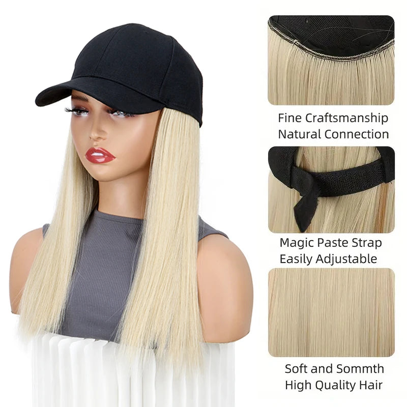 Synthetic 18Inch Long Straight Sports Style Baseball Hat Cap Wigs  Adjustable Comfortable Hair Extension for Women Daily Use