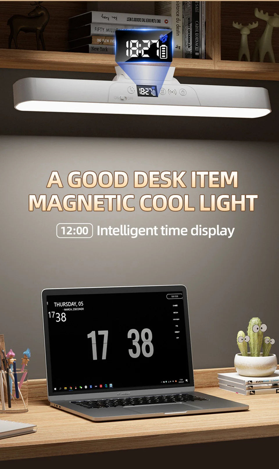 Eye-care Magnetic Desk Lamp USB Rechargeable LED Night Light Battery Status & Time Display Reading Light Table Lamp for Kitchen
