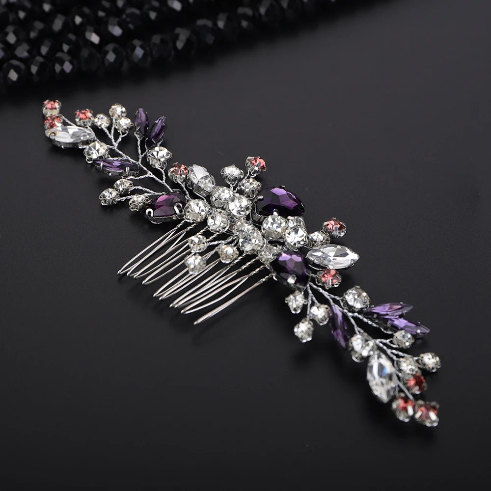 Crystal Flower Bride Hair Accessories Red Wedding Head Jewelry Blue Rhinestone Headdresses Women Hair Comb 9 Colors Headpieces