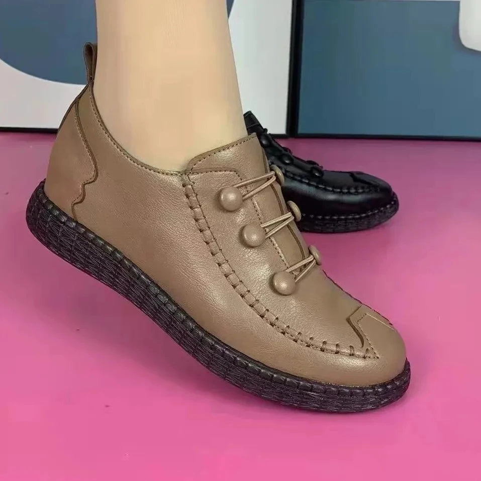 Womens Walking Shoe 2024 Red Spring Leather Shoes Mom Comfort Retro Stitching Flats Wedge Leather Sneakers