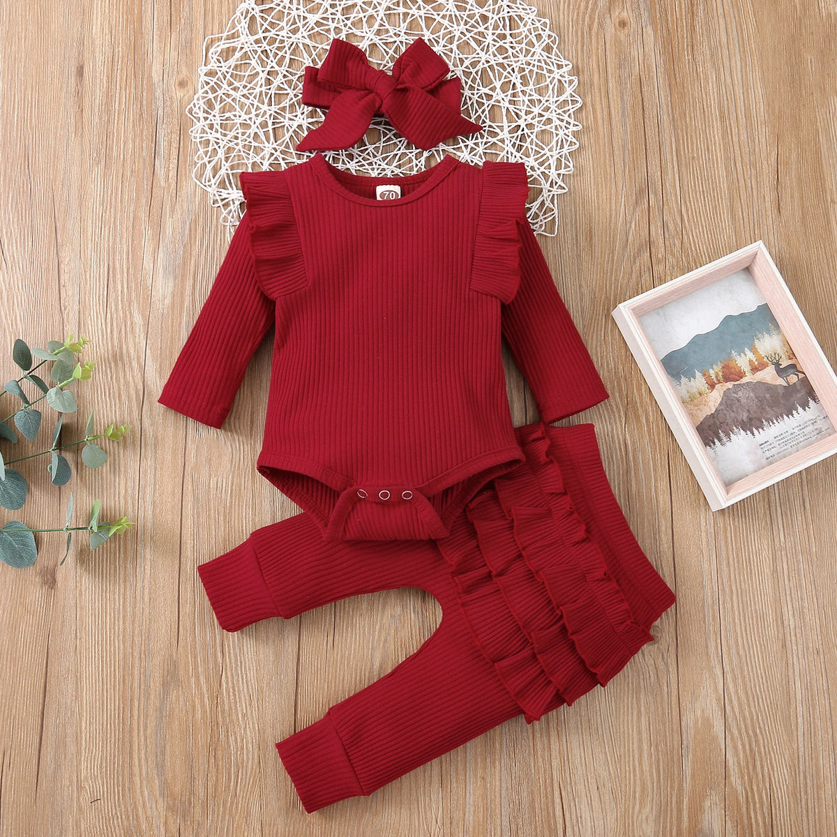 3Pcs Baby Girl Outfit Set Newborn Toddler Kids Clothing Set Baby Girls Lace Ruffles Cotton Bodysuit +Pants+Headband Clothing