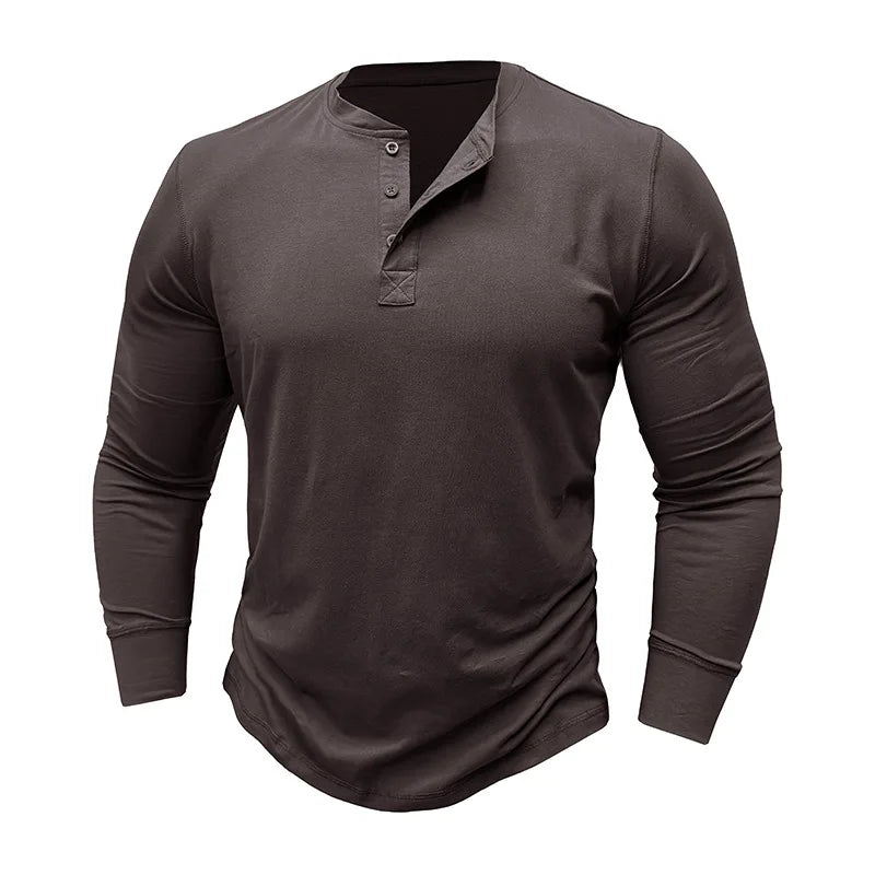 SHiONFA Spring Men's Long Sleeved T-shirt Casual Soft Cotton Base Shirt Placket Front Button Solid Color Pullover