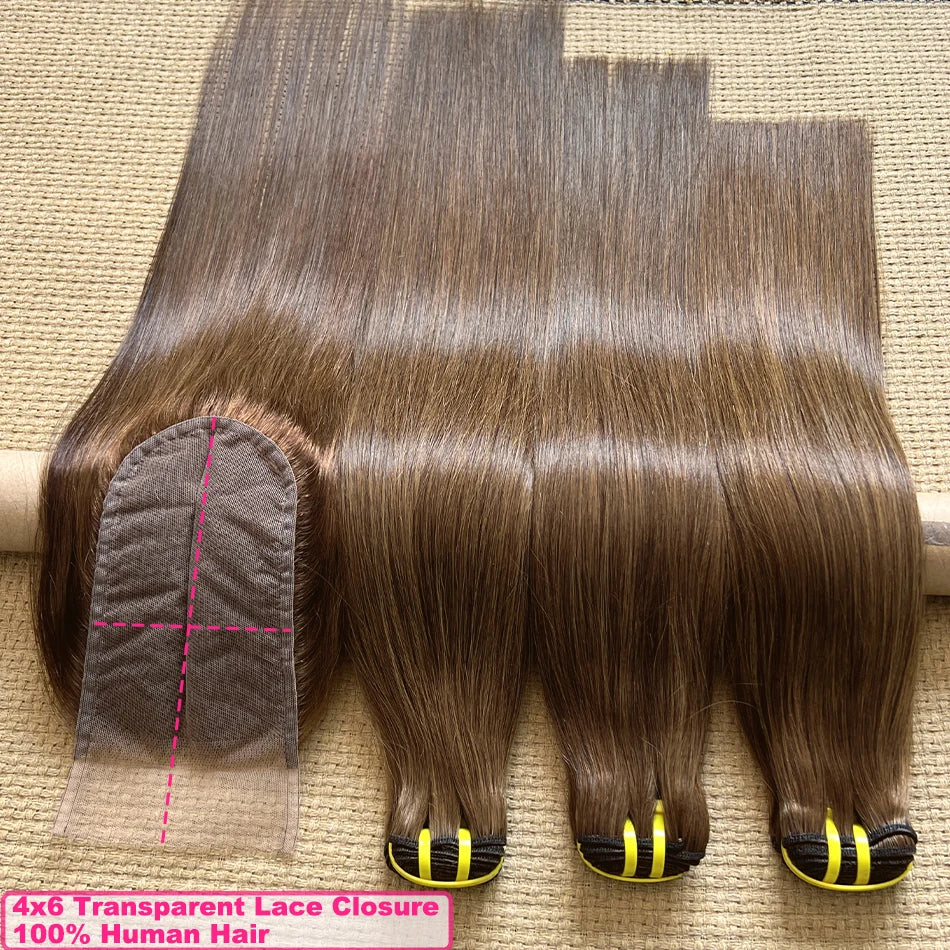 Yiwigs #4 Colored Light Brown 100% Raw Virgin Human Hair Bundles With 4x6 Transparent Lace Closure Hair Weave Extensions