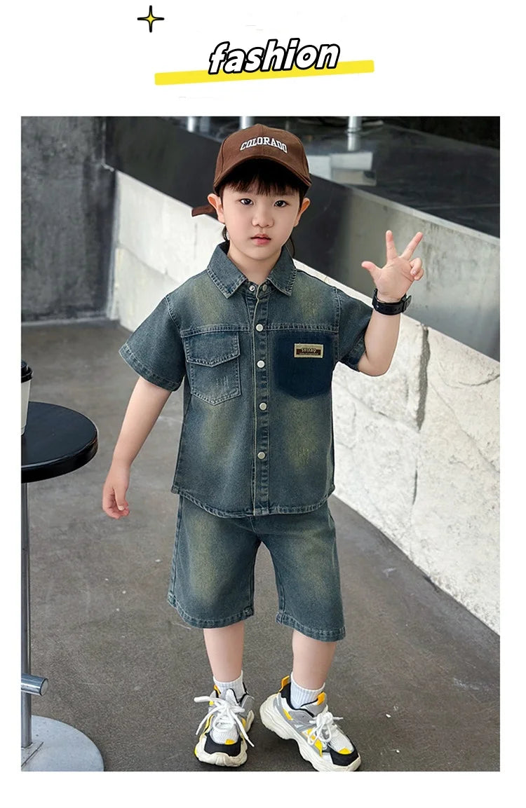 2025 Trendy Boys' Denim Set Vintage Wash Short Sleeve Shirt & Shorts 2-Piece Summer Outfit