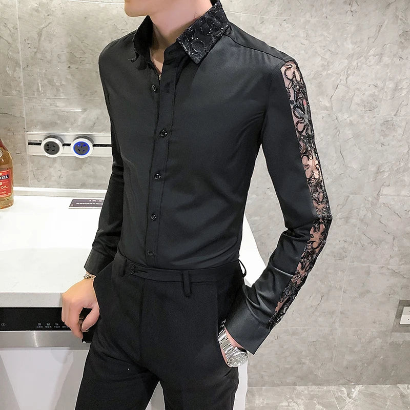 Chemise Homme Fashion Sexy Lace Long Sleeve Elegant Shirts For Men Clothing Slim Fit Casual Men's Social Shirt Tuxedo Big Size