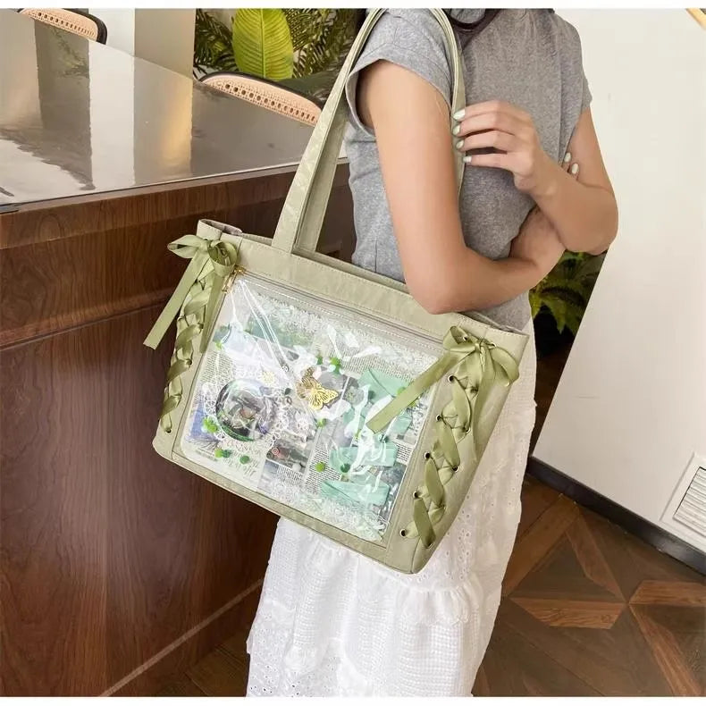 New Y2K Ribbon Bow Japanese Ita Shoulder Bag Cute Girl Transparent Pocket Large Capacity Crossbody Tote Bag DIY Display Handbags