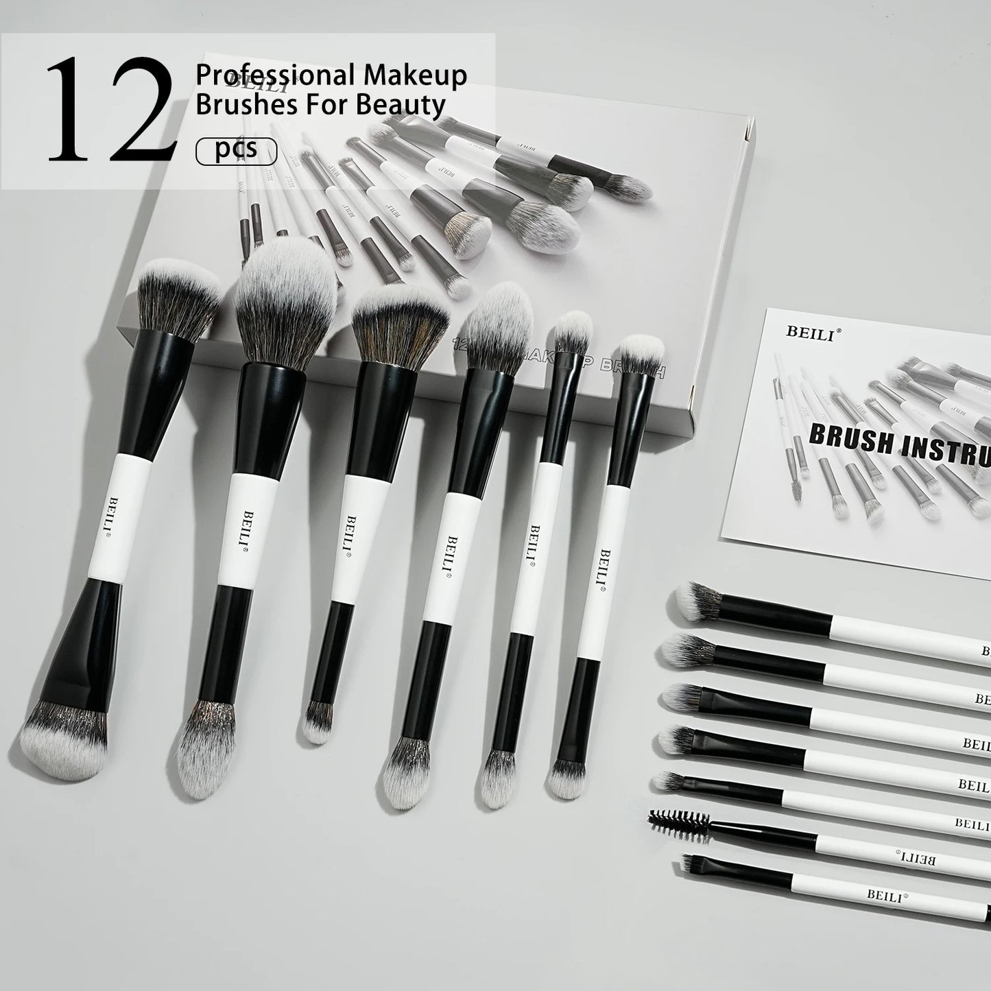 BEILI Dual-ended Makeup Brush Set Professional 12 Pcs Vegan Contour Foundation Powder Eyebrow Bronzer Brushes Cosmetics Kit