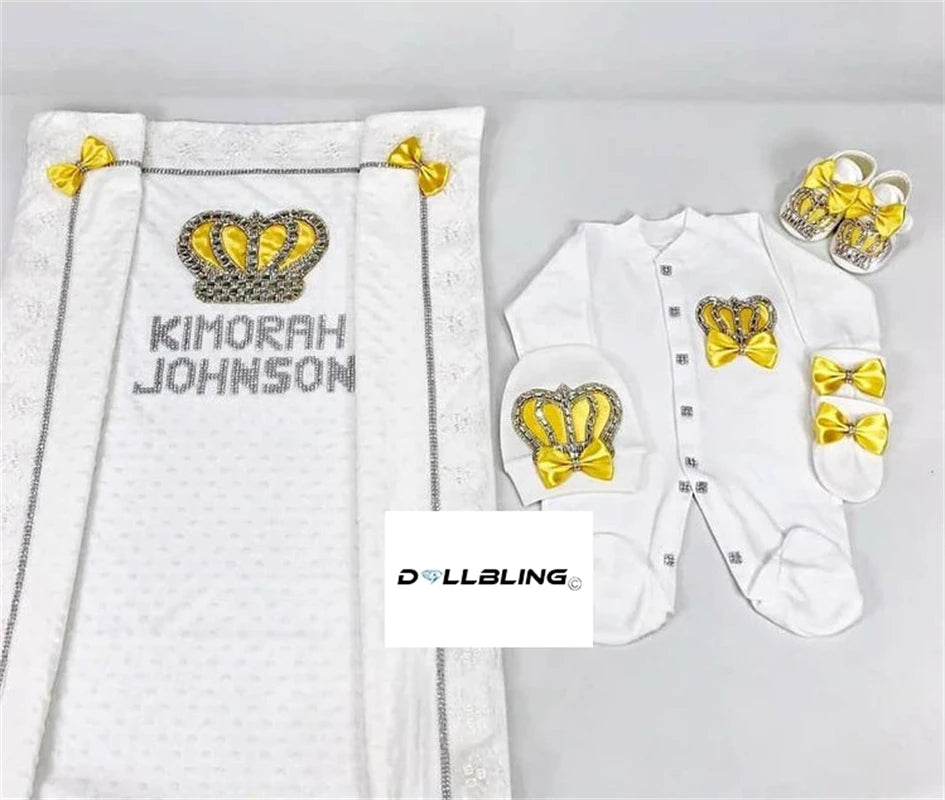 Dollbling Newborn 5pcs Layette Outfits Set Baby Tuxedo Outfit 0-3M Handmade Embroidery Wheat Jewels Crown Parajams Gift Set