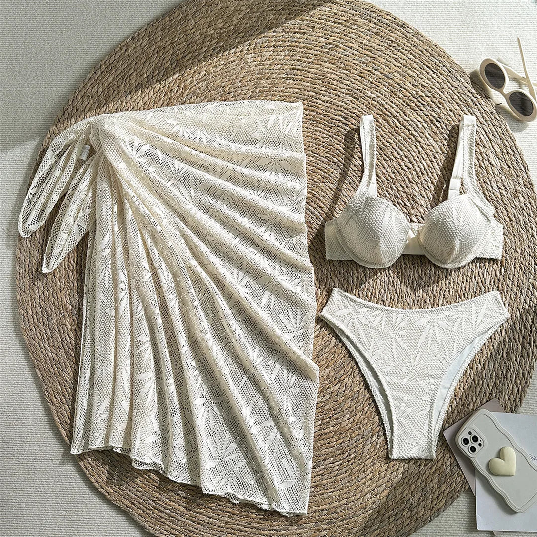 With Sarong Underwired Bikini Female Swimsuit Women Swimwear Three-Pieces Bikini Set Brazilian Bather Bathing Suit Swim V7936