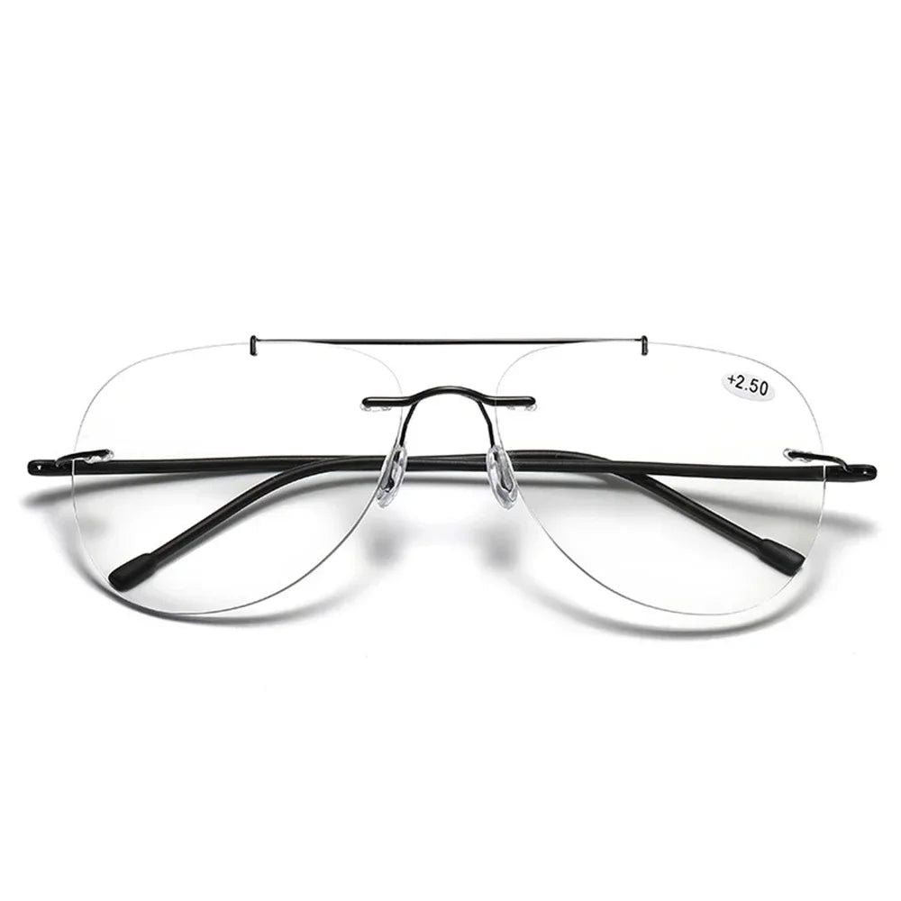 HDCRAFTER Multifocal Rimless Reading Glasses Photochromic Progressive Anti Blue Light Titanium Alloy Sun Glasses +100 to +400