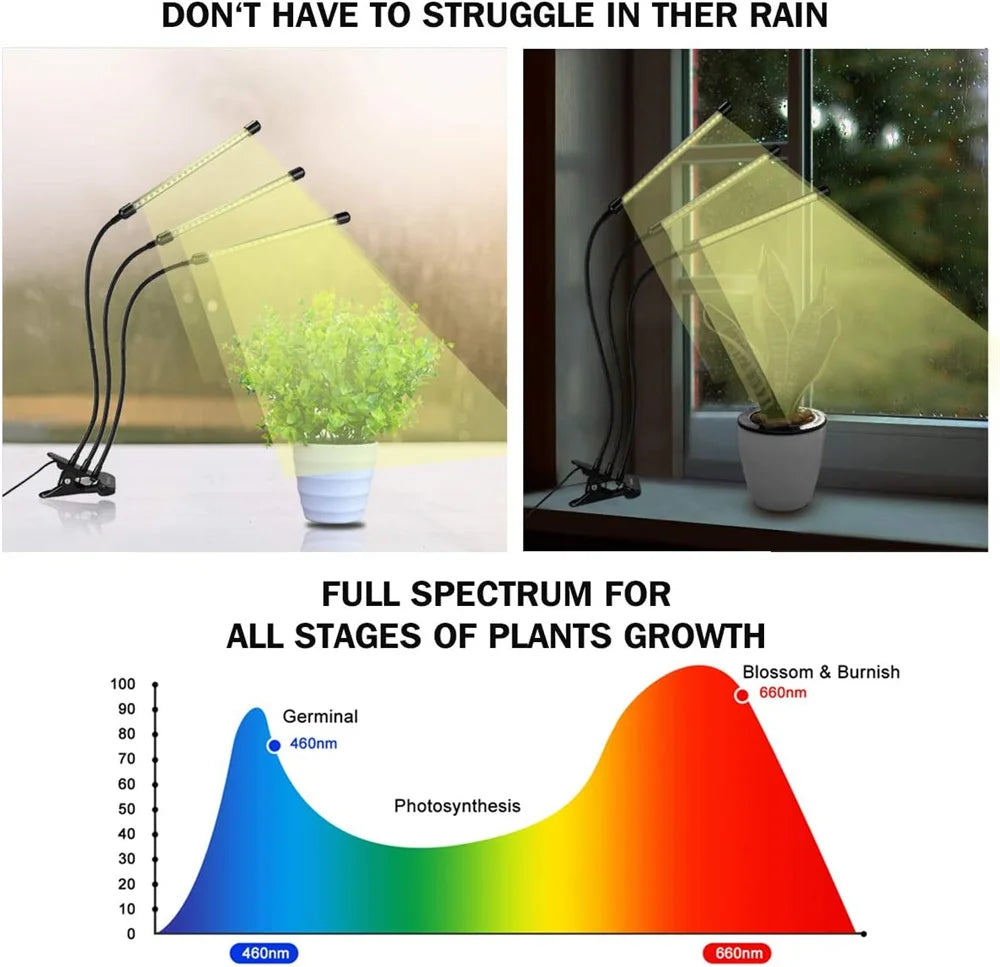 LED plant growth light, plant light clip, timed full spectrum sunlight, succulent flower herb seedling supplement light