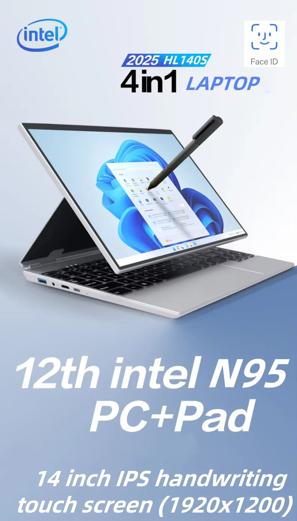 360° Rotating 14.0'' IPS Touch Screen 32G 128G-1T N95 Windows 11 Notebook 4 In 1 Business Office Slim LAPTOP facial recognition