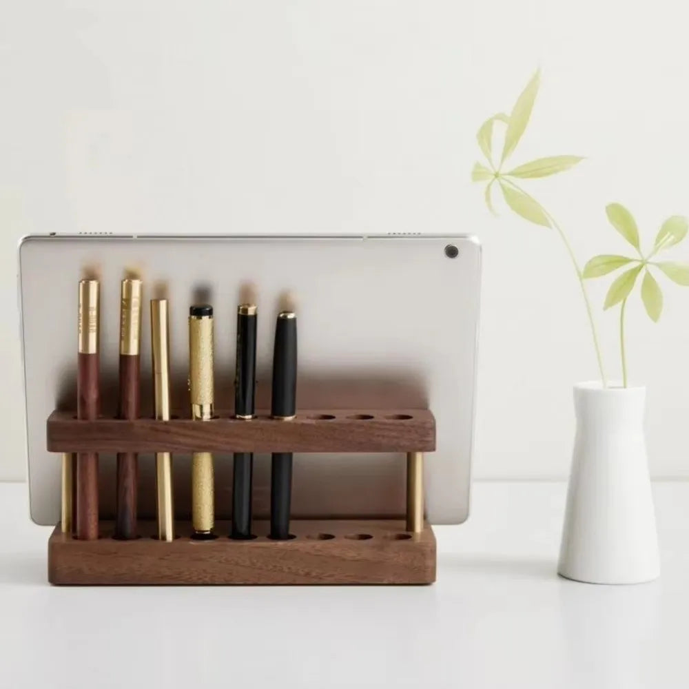 Modern Walnut Wood Pen Holder 9 Slots Sleek Desk Organizer Phone Stand For Office School