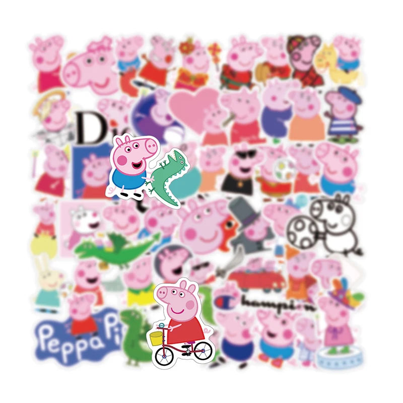 51pcs Peppa Pig Sticker Children's Cartoon Doodle Sticker Pen Box Water Bottle Refrigerator Bag Wall Decoration Small Gifts Toy