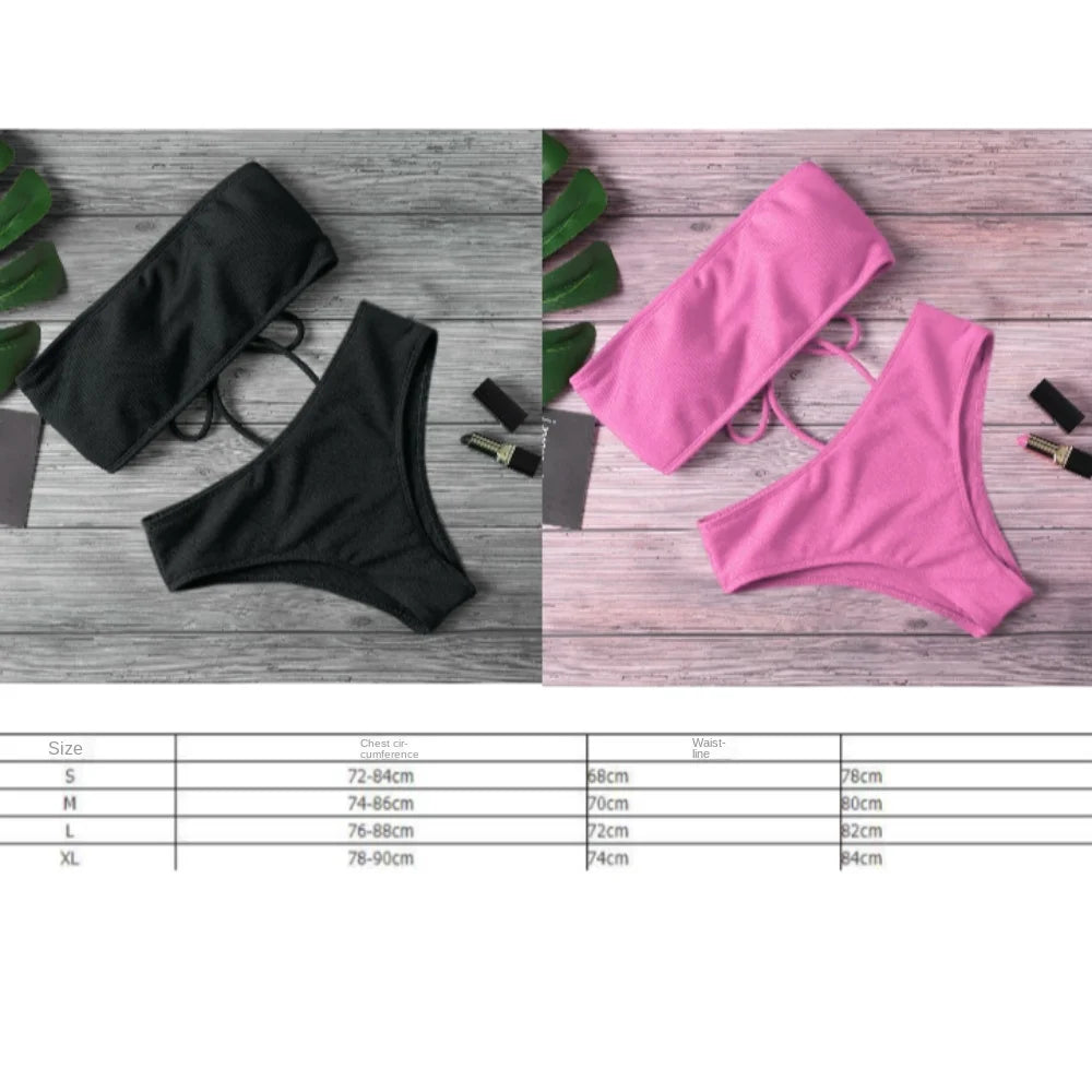 Solid Color Strapless Bikini Set Backless Sexy Swimsuit High Waist Adjustable Women Swimwear Summer