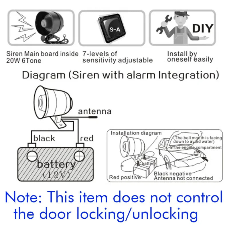 Portable Auto Car Alarm System Universal 12V One Way Vehicle Burglar Alarm Security Protection & 2 Remote Control Auto Burglar