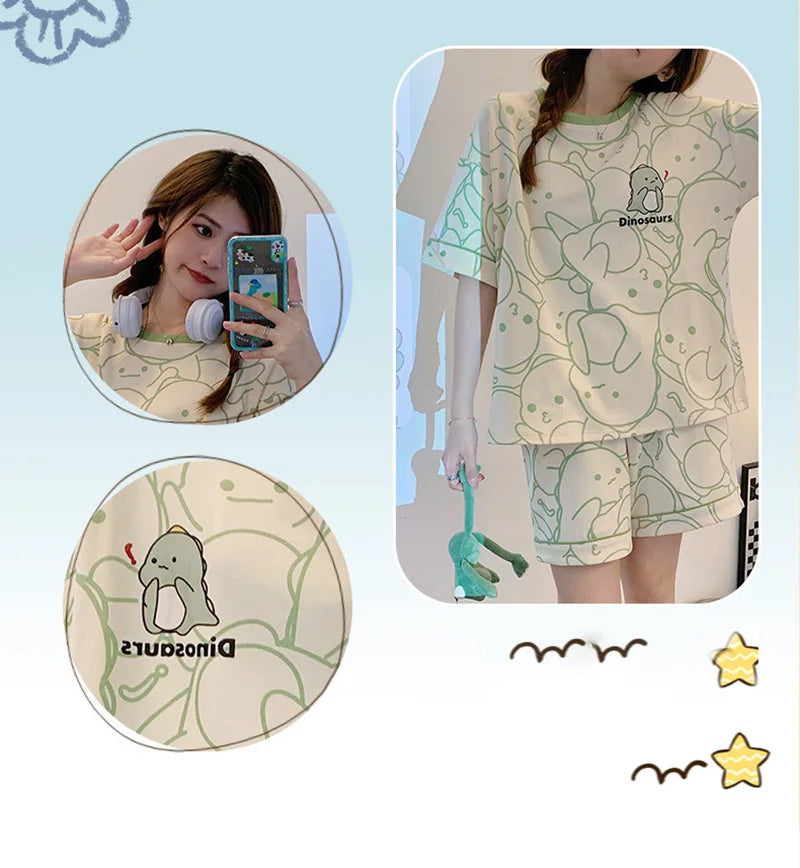 New Women's Pajamas Two-Piece Summer Thin Section Of Short-Sleeved Shorts Cute And Comfortable Milky Outwear Homewear Suit
