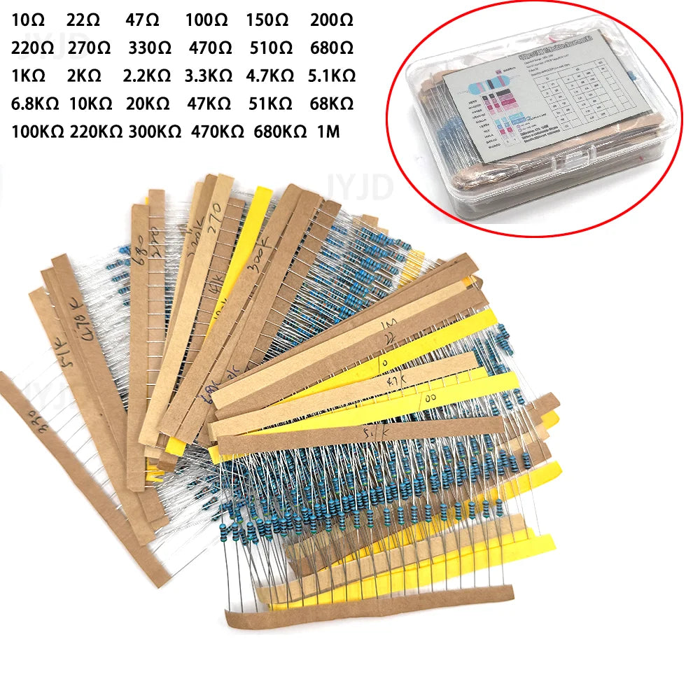 600pcs/set 30 Kinds 1/4W Resistance 1% Metal Film Resistor Pack Assorted Kit 1K 10K 100K 220ohm 1M Resistors