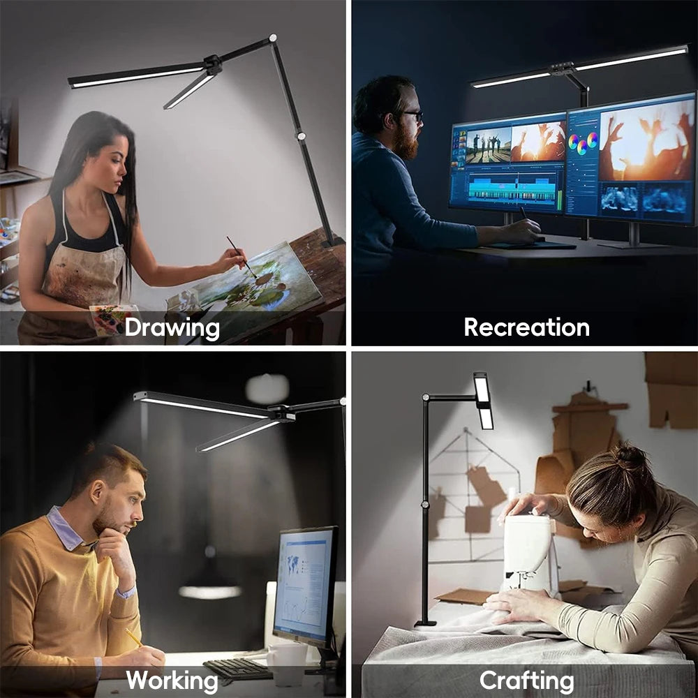 Home LED Eye-Care Reading Desk Lamp with Memory Timer Function 3200K-6500K Stepless Dimming 1800LM 2-Head PC Monitor Table Light