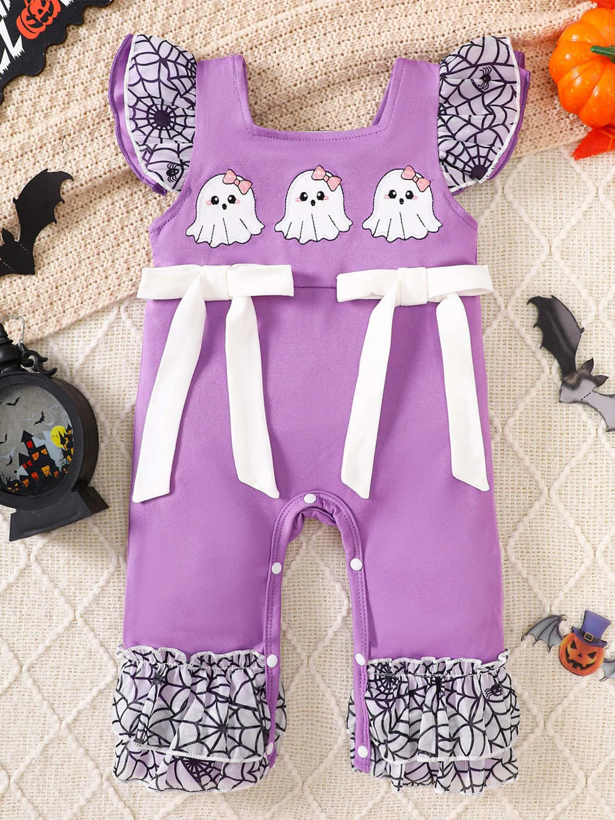 Infant Girls Halloween Theme Party Carnival Pumpkin Ghost Skeleton Cosplay Costume Skull Pumpkin Face Apparition Print Romper