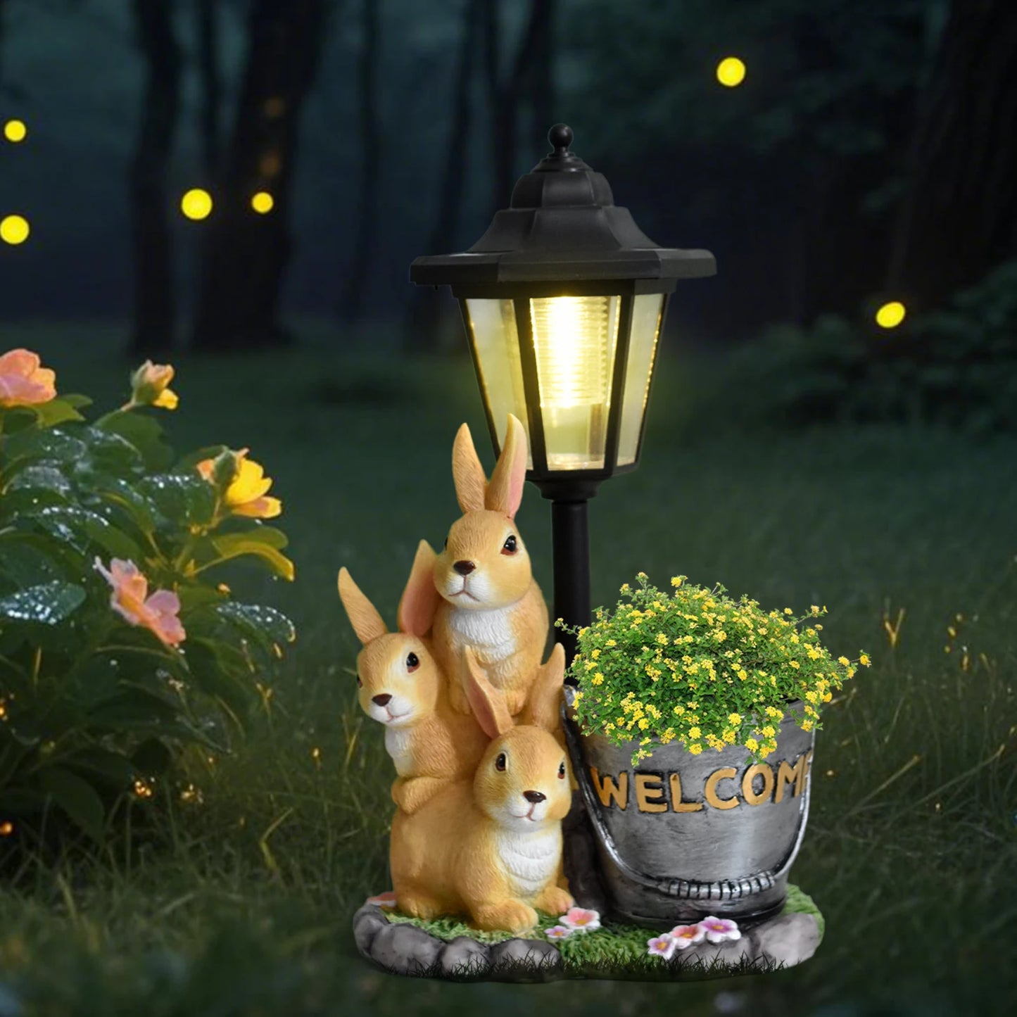 Cartoon Cute Rabbit Solar Garden Light Ornament Creative Resin Animal Sculpture Outdoor Solar Light Garden Path Landscaping Deco