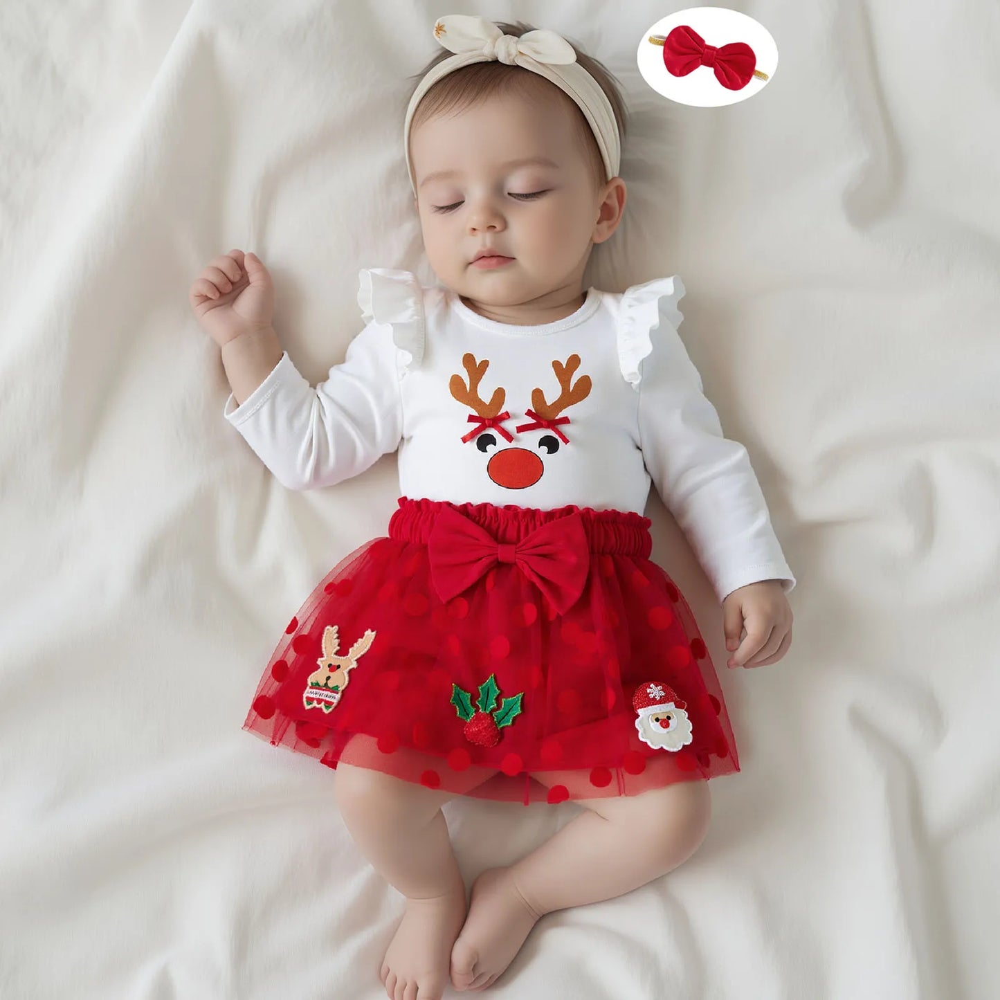 Baby Girls 3pcs Outfit Christmas Long Sleeve O Neck Reindeer Print Jumpsuit Headband Bow Mesh Skirt Newborn Clothes Set