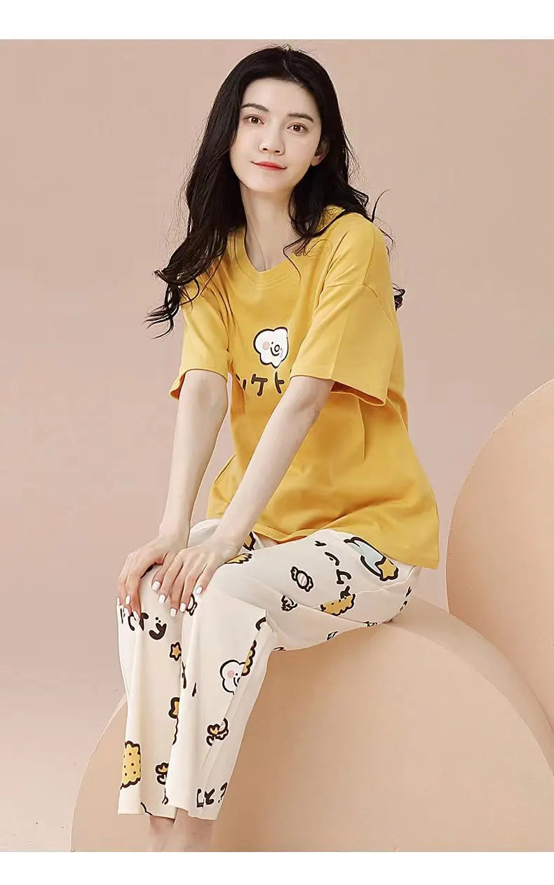 Pyjamas Set for Women‘s Short Sleeve Long Pants Student Casual Cartoon Bear Sweet Cuet Sleepwear Loungewear Romantic Nightwear