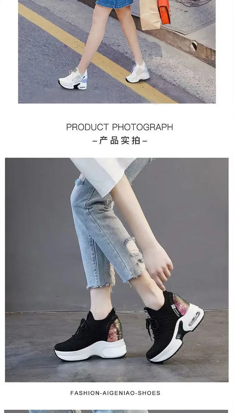 2025 Women's Sneakers Spring Sequined Casual Shoes Woman Platform Heels Wedges Height Increasing Knitted Ladies Vulcanized Shoes