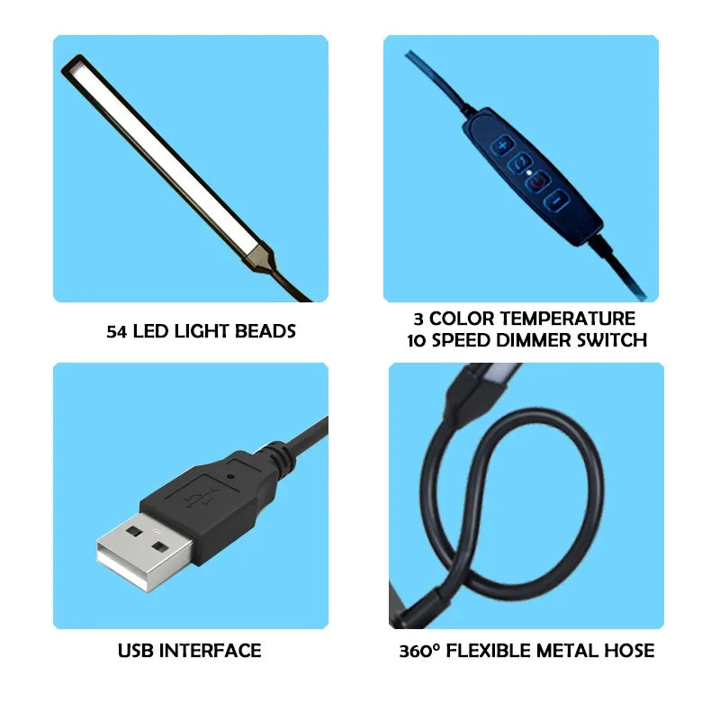 LED Single-Head Eye-Caring Desk Lamp 10 Brightness Levels 3 Lighting Mode Flexible Gooseneck Clamp Study Lamp USB PC Monito Lamp