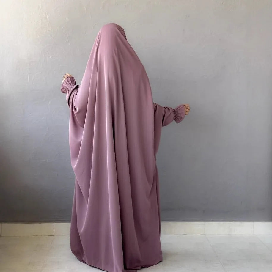 Muslim Abaya Hooded Smocking Sleeve One-piece Prayer Dress Women Jilbab Islamic Clothing Dubai Saudi Black Robe Turkish Modesty