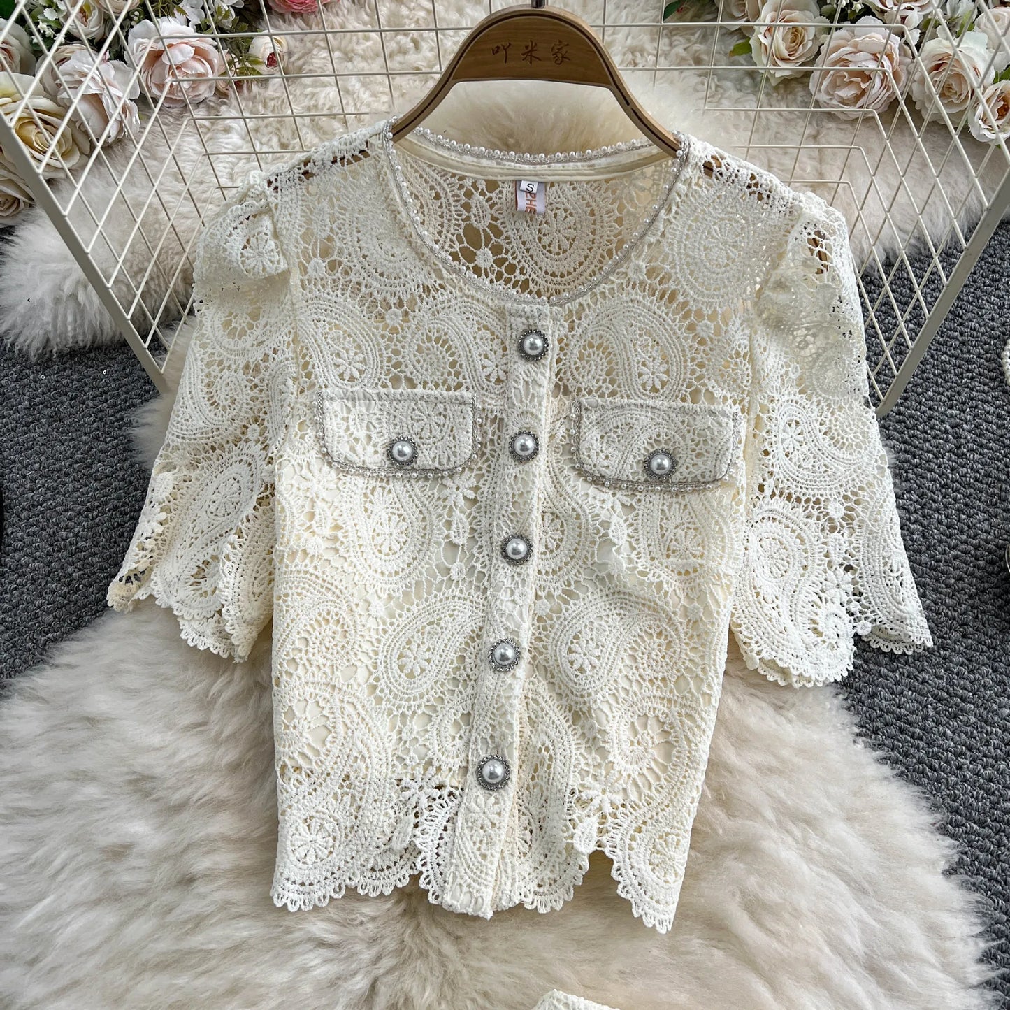 Women Two Piece Sets Skirt Set Embroidery Lace Hollow Out Half Sleeve Shirt Long Skirts A Line High Waist Elegant Work Spring