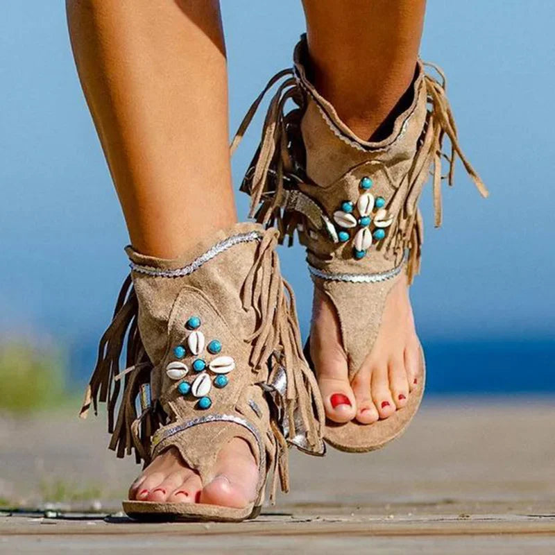 Womens Bohemian Ethinc Style Clip Toe Sandals Summer Breathable Tassel Flat Shoes Comfortable Vacation Beach Sandals Zapatos