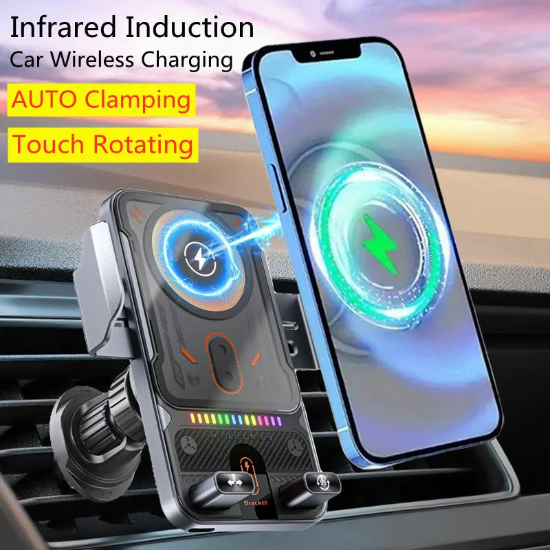 Auto-Sensing Car Wireless Charger Electric Rotating Mount Ambient Light Compatible Fast Charging Station for iPhone 17 16 15 14