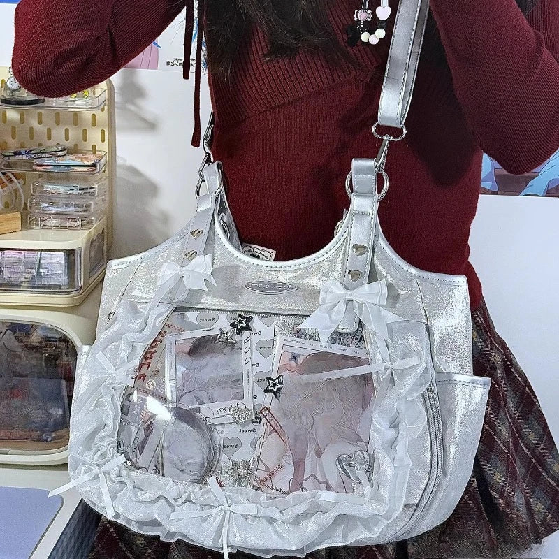 Women Luxury Design Ruffled Lolita Handbag Punk Gothic Bow Crossbody Bags Transparent Sweet Lace Shoulder Ita Bag Y2k Aesthetic