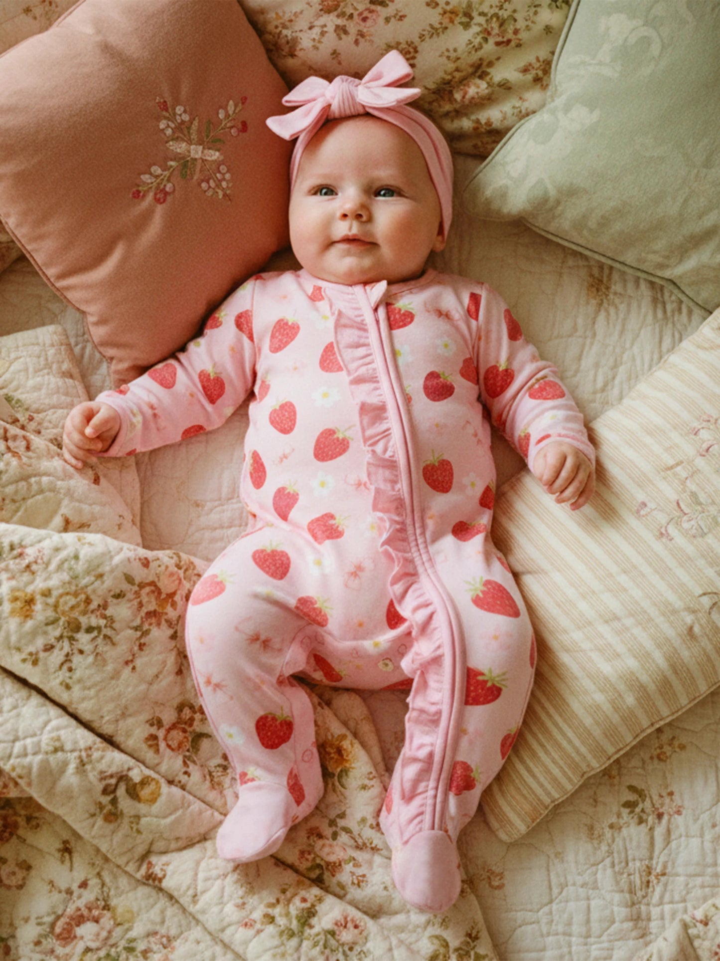 Newborn Baby Girl Footed Romper Strawberry Bow Print Long Sleeve Zip Up Round Neck Ruffled Jumpsuit with Headband