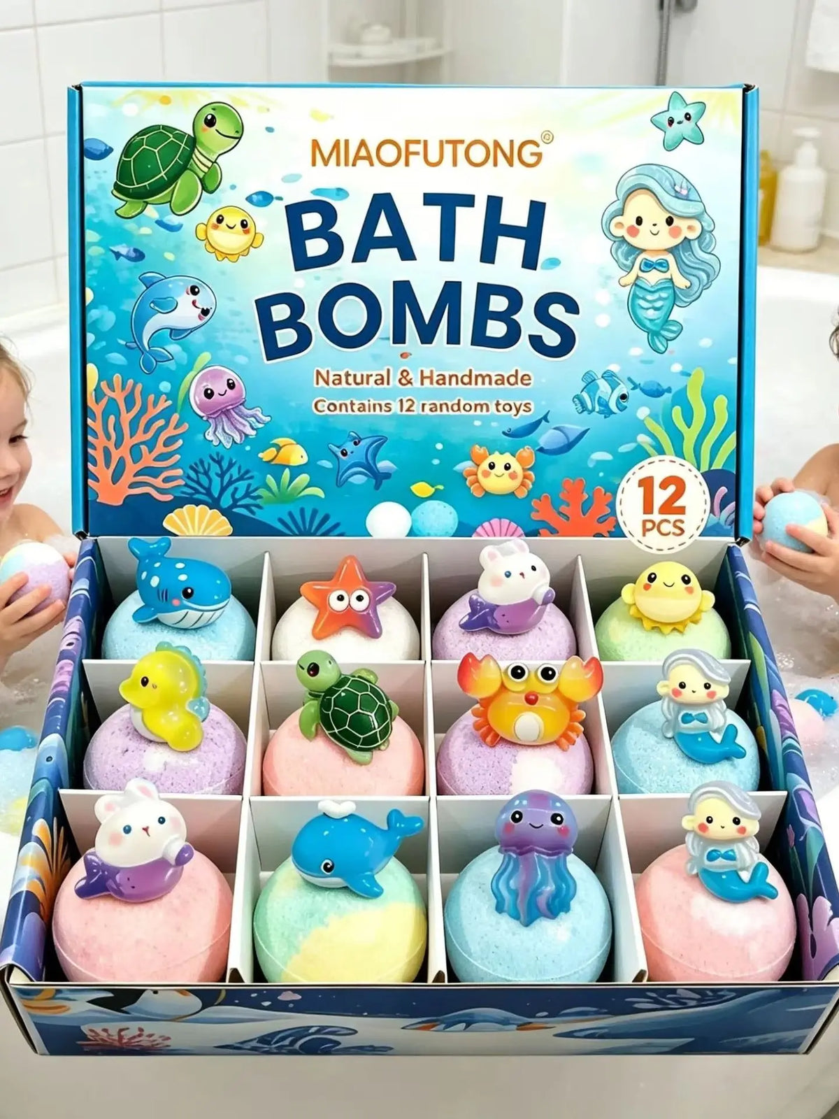 Bath Bombs Gift Set, Ocean Toy Bath Salt Ball Sleeve Box Bath Bombs, Bath Bombs with Surprise Inside, Bubble Bath 60g*12
