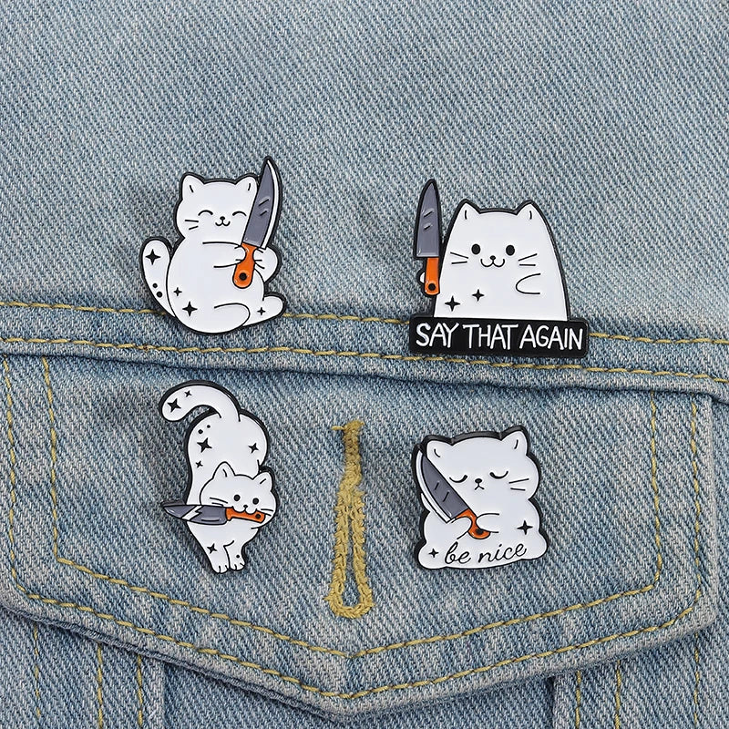White Cat Holding Knife Enamel Pins Threatening Provoking Quotes Say That Again Brooch Bag Lapel Badge Jewelry Fans Gifts