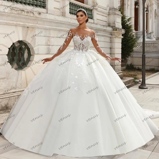 Vintage Wedding Dresses Charming Bridal Gowns Beading Appliques O Neck Full Sleeves Robes Glamorous Vestidos De Novia Customized