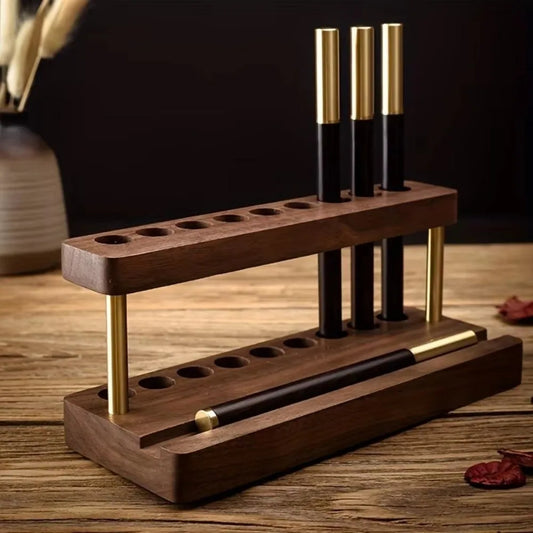 Modern Walnut Wood Pen Holder 9 Slots Sleek Desk Organizer Phone Stand For Office School