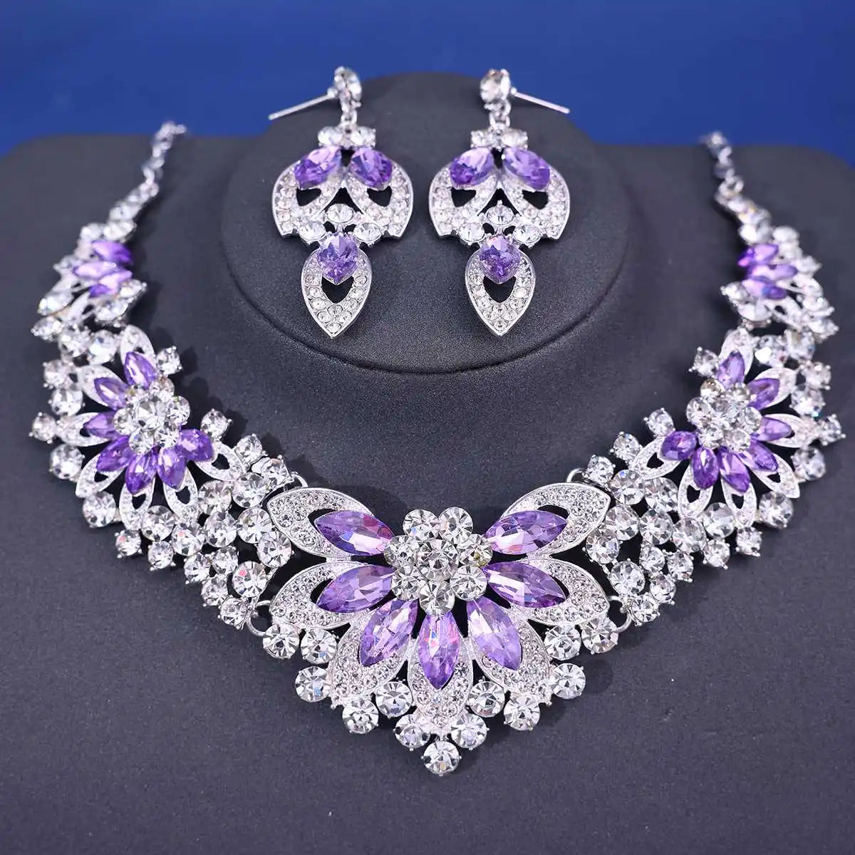 Advanced design retro necklace earring set leaf Multicolored flowers luxurious crystal jewelry bride's wedding dress accessories