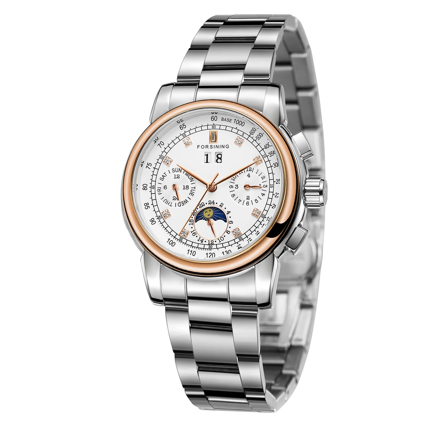 Forsining Fashion Ladies Stainless Steel Case Moon Phase Mechanical Watch Women's Multifunctional Diamond Dial Automatic Clock