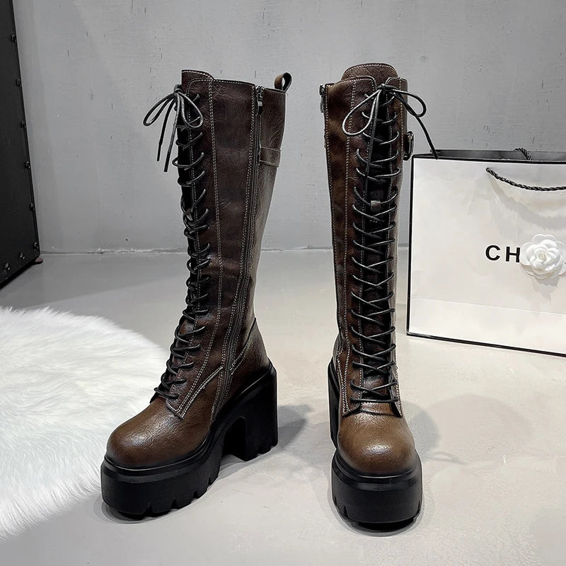 Knee High Women's Boots Lace Up High Heels Shoes Platform Chelsea Boots Winter 2025 Sexy Snow Long Boots Zip Pumps Mujer Botas