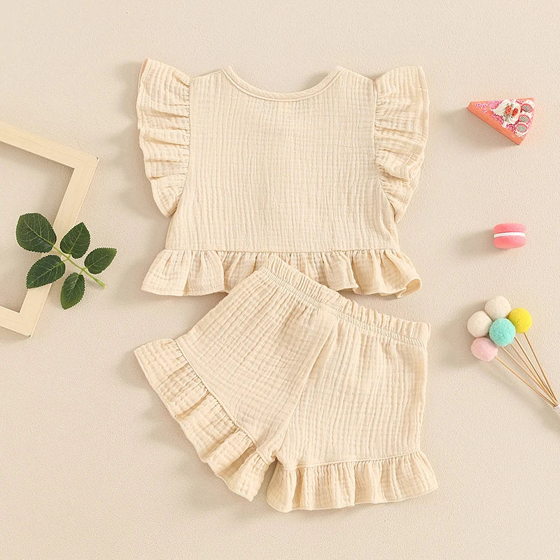 Pudcoco Little Girl 2 Piece Summer Set, Fly Sleeve Button Down Ruffled Tops Bow Elastic Waist Shorts Baby Toddler Set 6M-4T