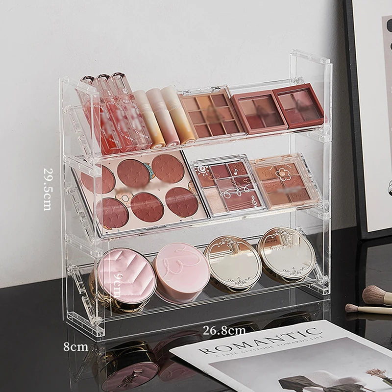 3-Layer Acrylic Cosmetics Rack: Eyeshadow/Blush Tray + Desktop Sundries/Toys Organizer