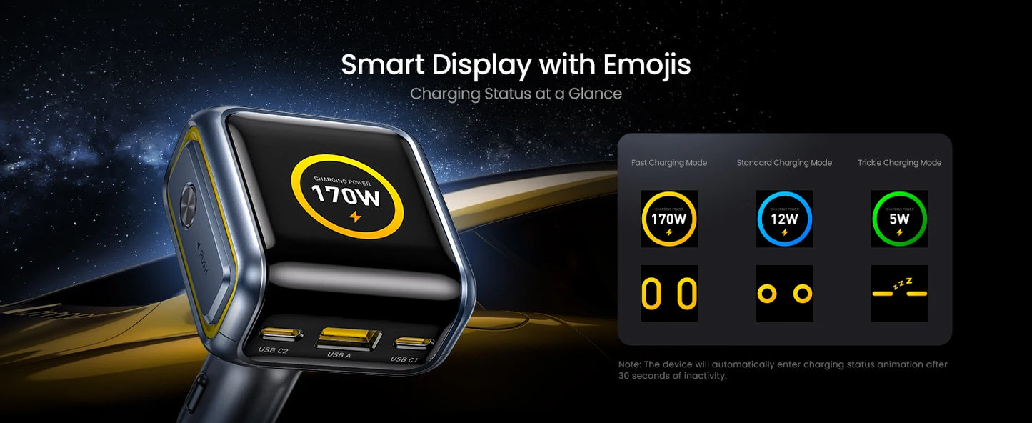 AOHI THE FUTURE Car Charger  AI PD GAN+ 170W 3-Port LED Display Fast Car Charger