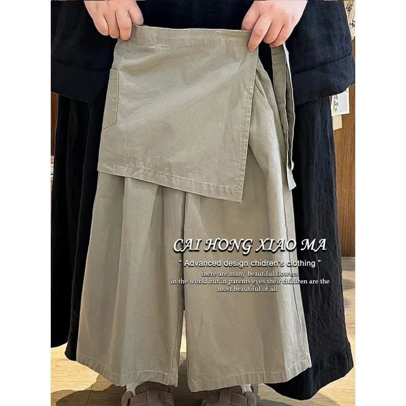 Girls Wide-Leg Pants Spring Summer 2025 New Apron Straight Pants Children Loose Casual Trousers Unique Kids Clothes 2-8 Years