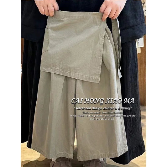 Girls Wide-Leg Pants Spring Summer 2025 New Apron Straight Pants Children Loose Casual Trousers Unique Kids Clothes 2-8 Years