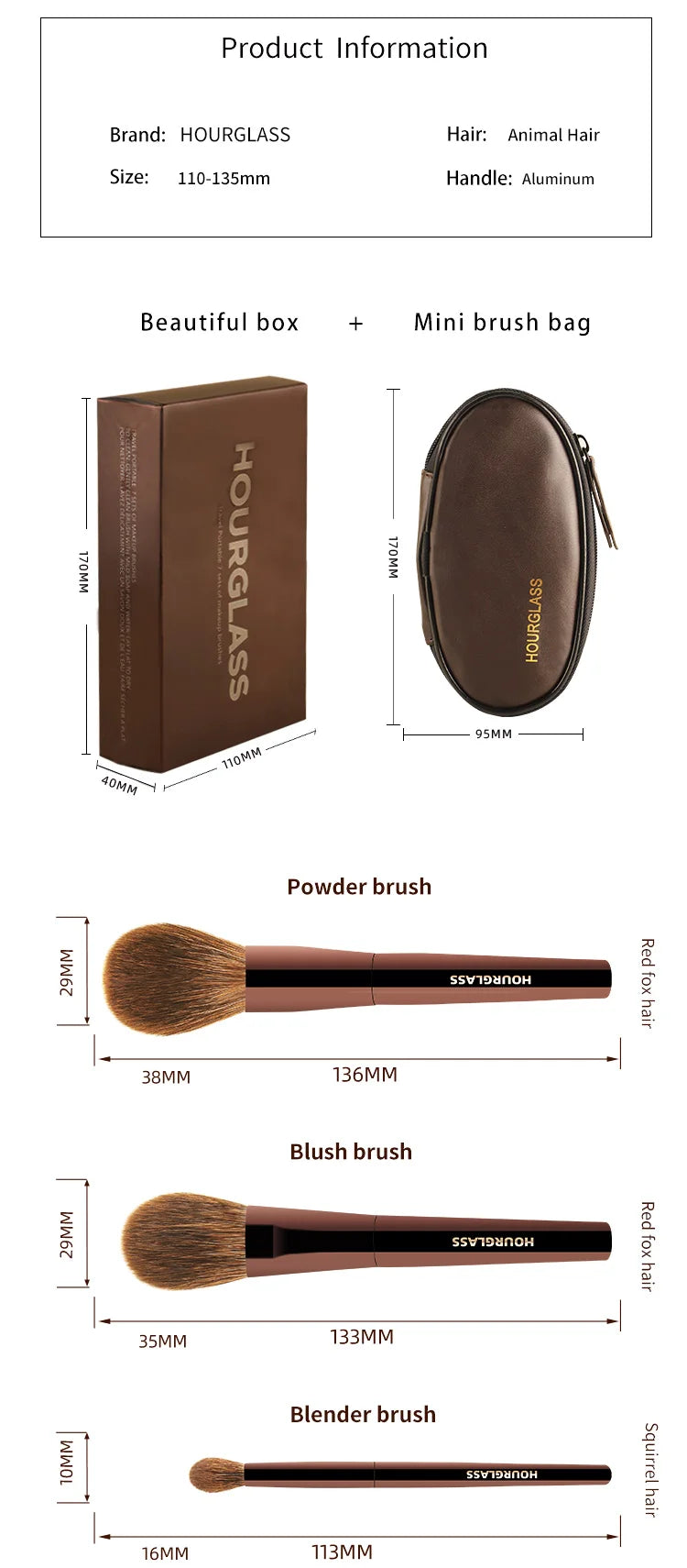 Hourglass Makeup Brush Set Mini Portable 7 Pcs, High Quality Soft Animal Hair Brush Include Eyeshadow,Blush,Powder Brush