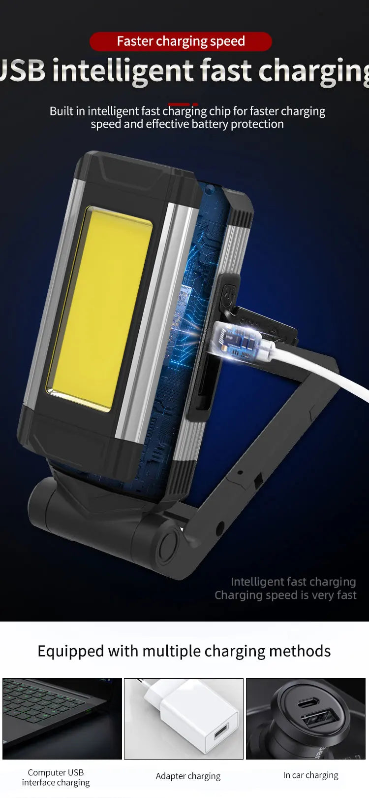 Portable COB Magnetic Work Light Rechargeable LED Flashlight Super Bright Camping Waterproof Car Repair Lamp with Brackets